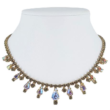 Vintage Prong Set Aurora Borealis Rhinestone Drops Necklace