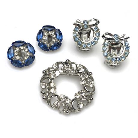 Vintage Blue Rhinestone Wreath Earrings, Rhinestone Wreath Brooch + More