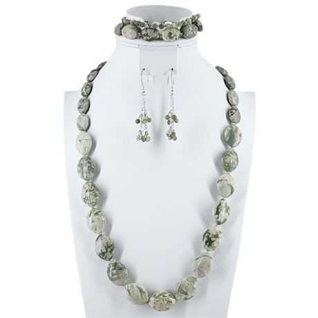 Artisan Made Chunky Peace Jade Necklace, Bracelet, & Earrings Set