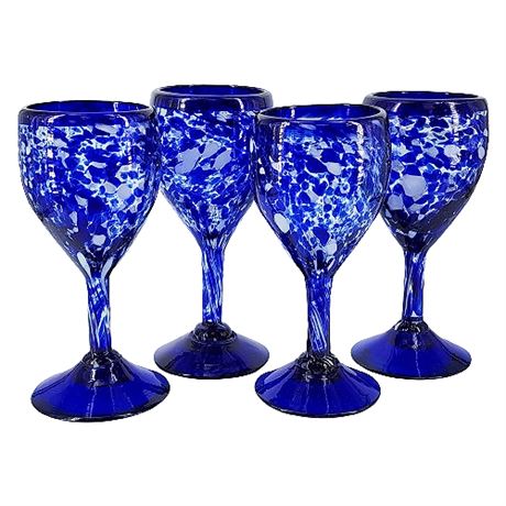 Hand Blown Cobalt Blue & White Confetti Art Glass Wine Goblets