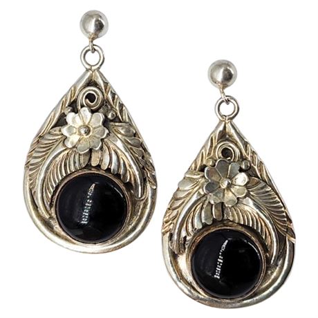 Signed Manygoats Sterling Silver Black Onyx Native American Earrings