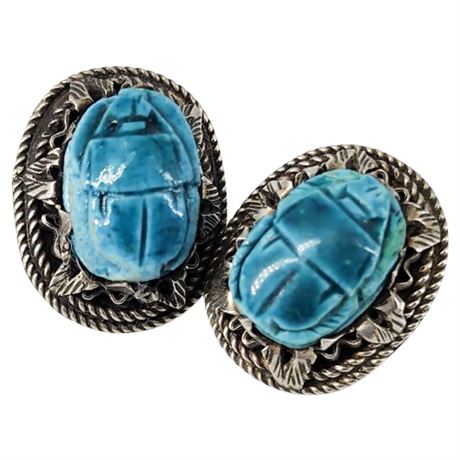 Vintage Sterling Silver Ceramic Scarab Clip Earrings