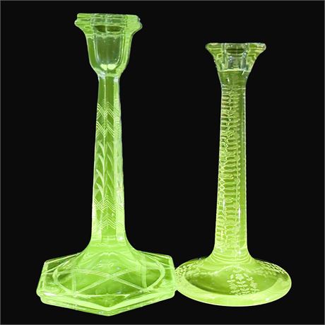 Two Vintage UV Reactive Etched Glass Candlesticks