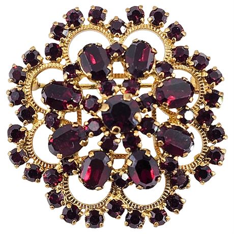 Vintage Red Rhinestone Scalloped Circle Brooch