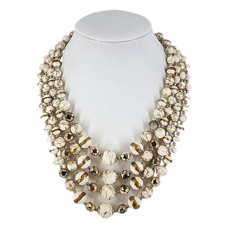 Four Strand White/Gold Spatter Bead Necklace