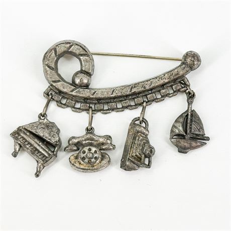 Vintage Pewter Charm Brooch