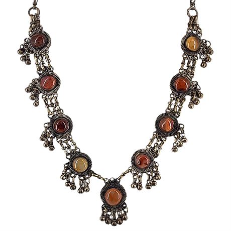 Vintage Moroccan Agate Gemstone & Bells Necklace