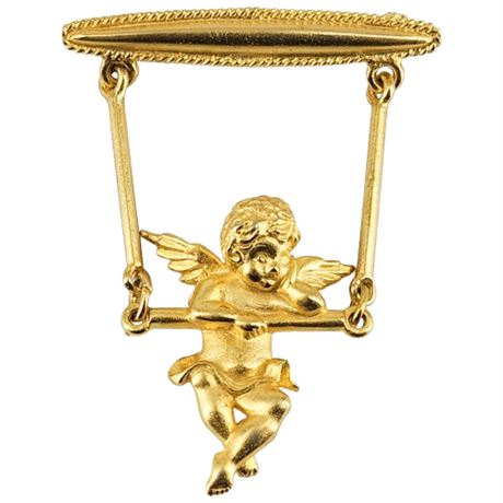Signed Vintage JONETTE Pink Swinging Cherub Brooch