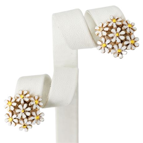 Vintage Gold Tone Enamel Daisy Cluster Clip Earrings