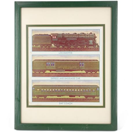 Vintage Railroad Locomotive, Express Car & Day Coach Framed Train Print