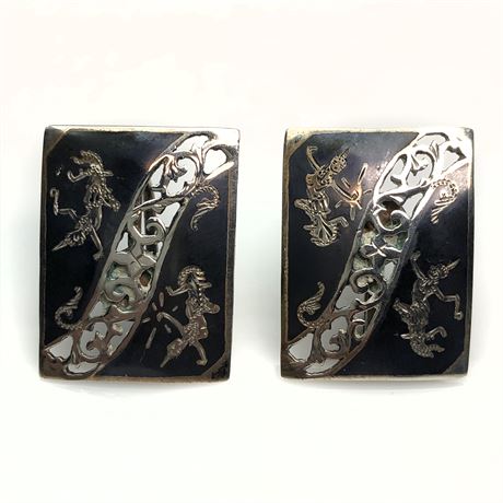 Vintage Siam Niello Enamel Thai Goddess Sterling Silver Rectangular Earrings