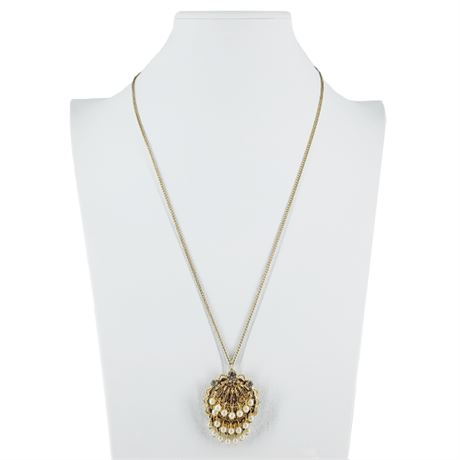 Vintage Gold Tone Faux Pearl Dangle Pendant Necklace
