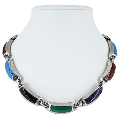 Vintage Taxco Mexico Heavy 950 Silver Multi Gemstone Necklace