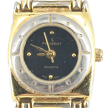 Peugeot Ladies Quartz Watch Gold Tone Two-Tone Bracelet Black Dial Dress Watch