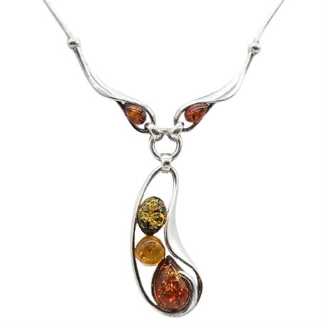 Sterling Silver Multi-Color Baltic Amber Y-Drop Necklace