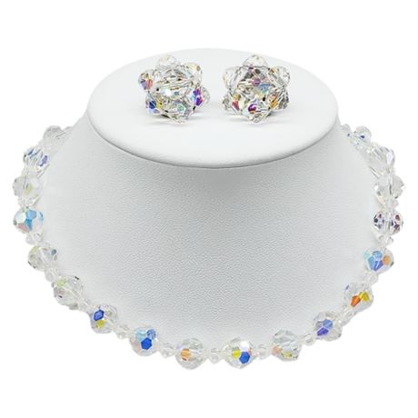 Vintage Faceted Aurora Borealis Crystal Bead Necklace & Clip Earrings Set