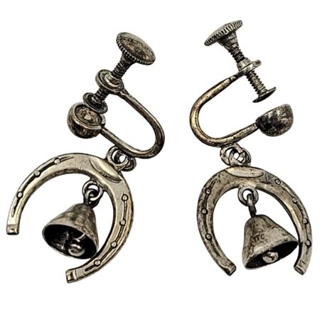 Vintage Sterling Silver Horseshoe and Bell Screw Back Earrings