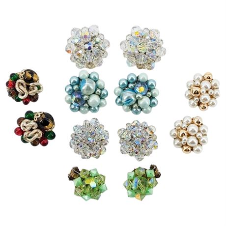 Six Pairs Vtg Bead Cluster Clip Earrings