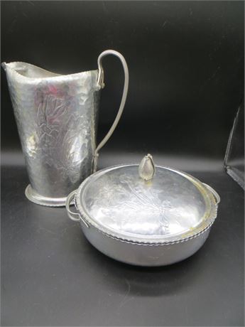 Hammered Aluminum Pitcher & Covered Bowl Hand Wrought Creation By Rodney Kent