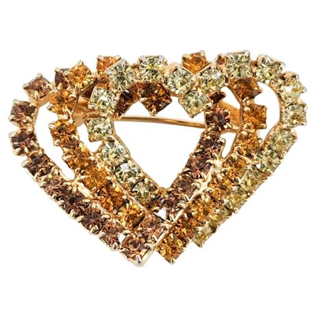 Vtg Prong Set Earthtone Rhinestone Interlocking Hearts Brooch