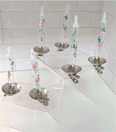 Vtg Set 6 Italian Blown Glass Painted Pink Flowers Christmas Candle Ornaments.