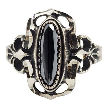 Signed WA Flash Cut Sterling Silver Hematite Ring, Sz 5.5