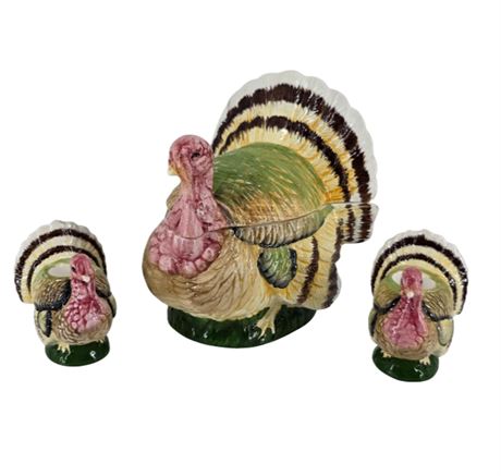 VTG 70's Ceramic Turkey, Gravy Boat with Lid & 2 Candle Holders