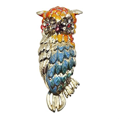 Large Colorful Enamel & Rhinestone Owl Brooch