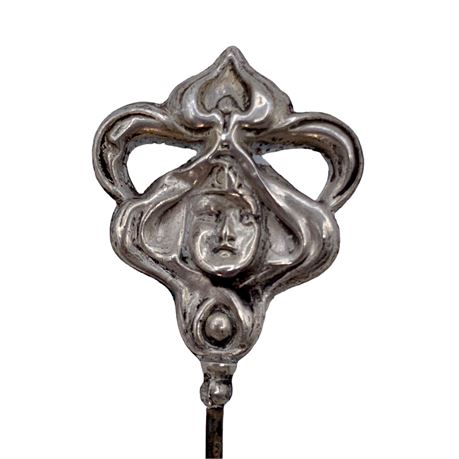 Art Nouveau Repousse Silver Figural Beauty 9 1/4” Hatpin