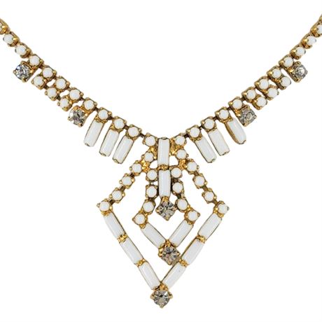 Vintage Art Deco Gold Tone Milk Glass Rhinestone Necklace