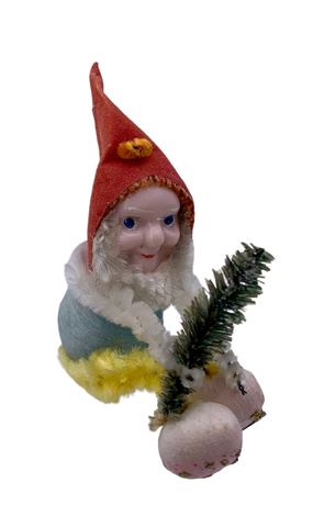 Vintage Chenille Plastic Faced Holiday Gnome, Santa’s Elf, 2” Sprite Decoration