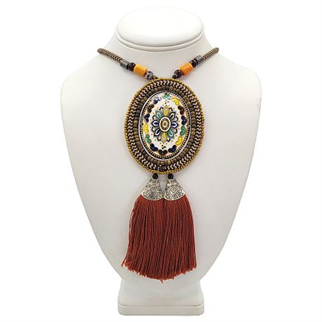 Large Ethnic Medallion & Tassel Necklace