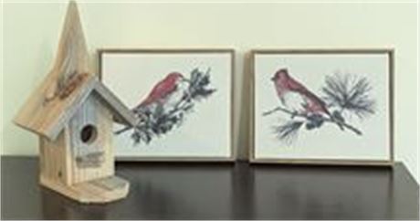 Pair 2 red bird pictures + Bird House