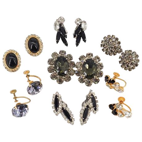 Seven Pairs Vintage Gray/Black Rhinestone Clip Earrings