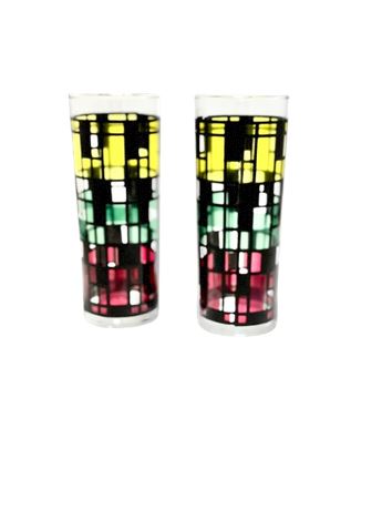 MCM Faux Stained Glass Glasses/Candleholders - (2)