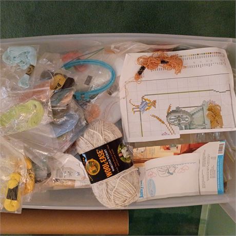 Lot of Cross-Stitch and Yarn Craft Supplies – Threads, Patterns, and Tools