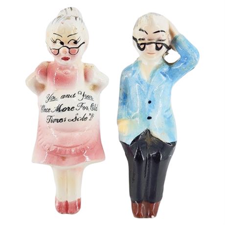 Vintage Ceramic "For Old Time's Sake" Shelf Sitter Salt & Pepper Shaker Set