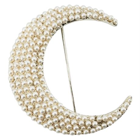 Vintage BSK Faux Seed Pearls Crescent Moon Brooch