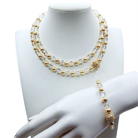 Signed Joan Rivers Aurora Borealis Crystal Faux Pearl Necklace Bracelet Set