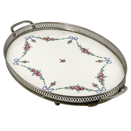 Antique Decorative Porcelain and Metal Vanity Tray by BMF
