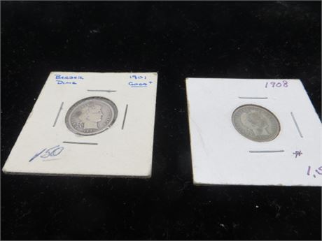 1901 & 1908 Barber Silver Dimes