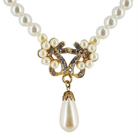 Vintage 80s Faux Pearl & Rhinestone Drop Necklace