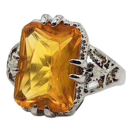 Vintage Gothic Silver Tone Faux Citrine Ring, Sz 8