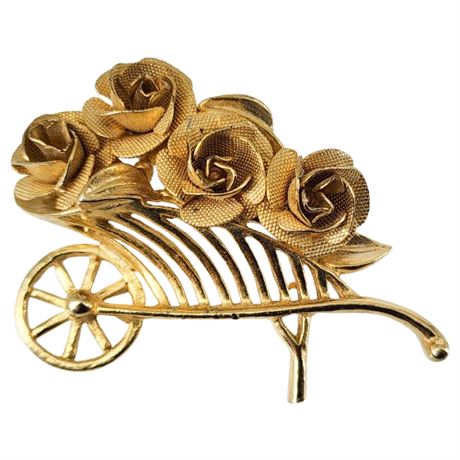 Signed Vintage BROOKS Roses in Wheelbarrow Brooch