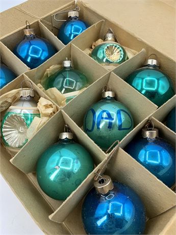 12 pc Vintage Aqua & Cobalt Glass Indent Christmas Ornaments