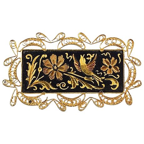 Vintage Spanish Damascene Filigree Brooch