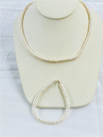 10k Gold Pearl Necklace + Bracelet Set