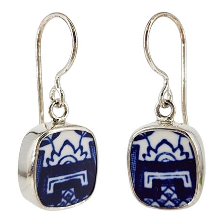 Sterling Silver Blue Willow China Earrings