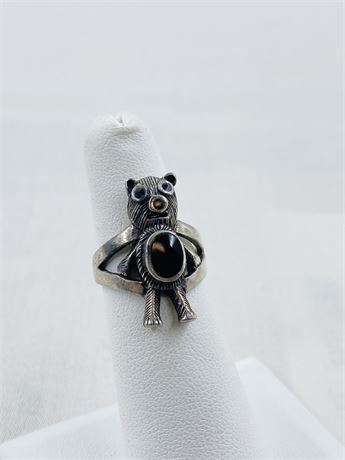 Vintage Signed Onyx Bear Sterling Ring Size 5