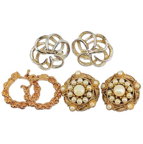 Vintage Clip-on Earrings Lot – 3 Pairs, Faux Pearl, Rope & Knot Designs, Kramer